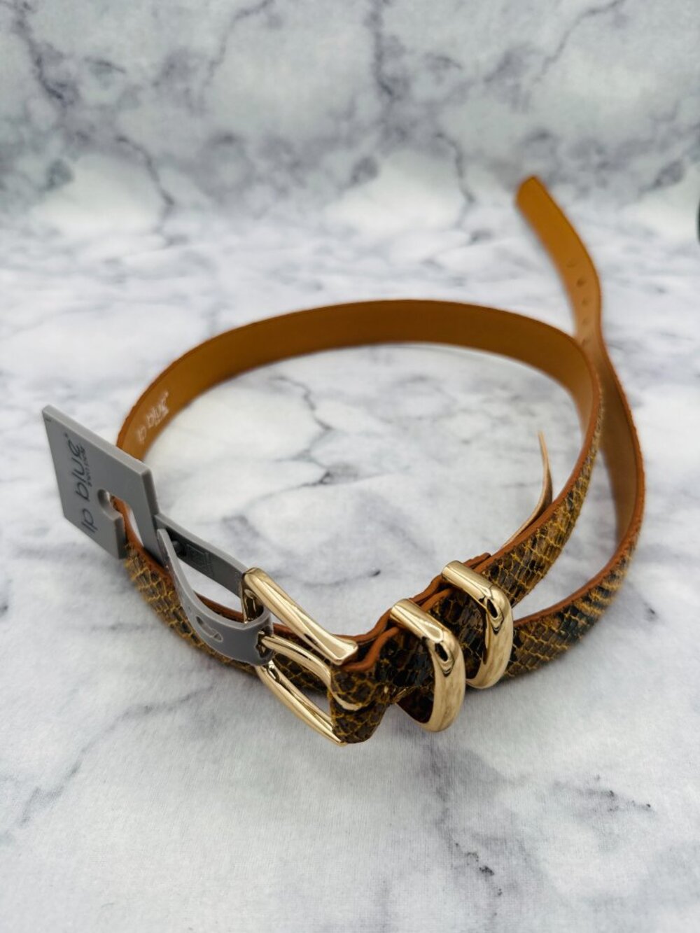 LP Blue Snake Print Belt Caramel Animal Print Gold Buckle 1.5in Width,Size L,NEW - Picture 7 of 11
